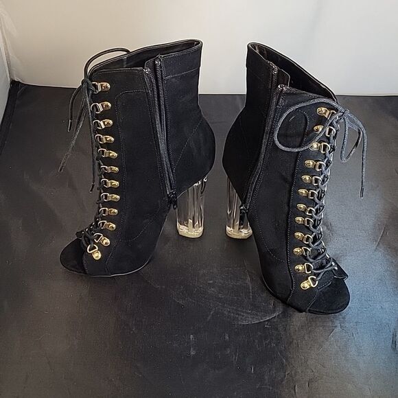 WILD DIVA FAUX SUEDE LICITE HEEL PEEP TOE LACE-UP FRONT BOOTIE - Picture 5 of 14